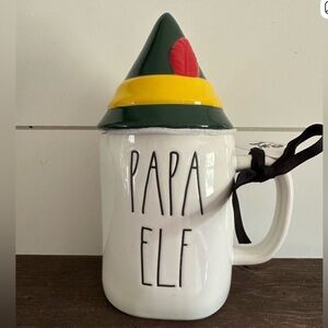 Rae Dunn White Papa Elf Mug with Green and Yellow Topper